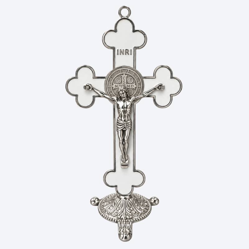 Crucifixo com Base 23 cm Prata com Branco