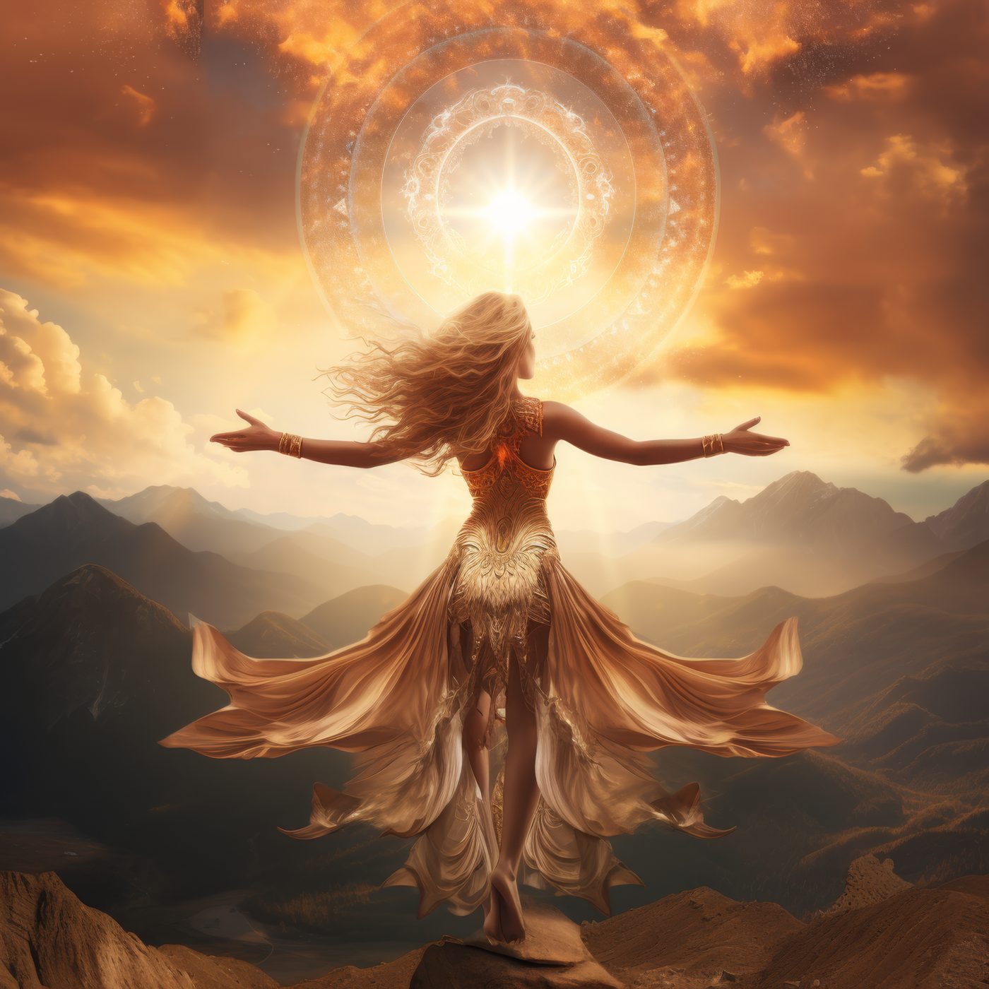 Mulher de braços abertos no alto de uma montanha, diante de um sol dourado e radiante