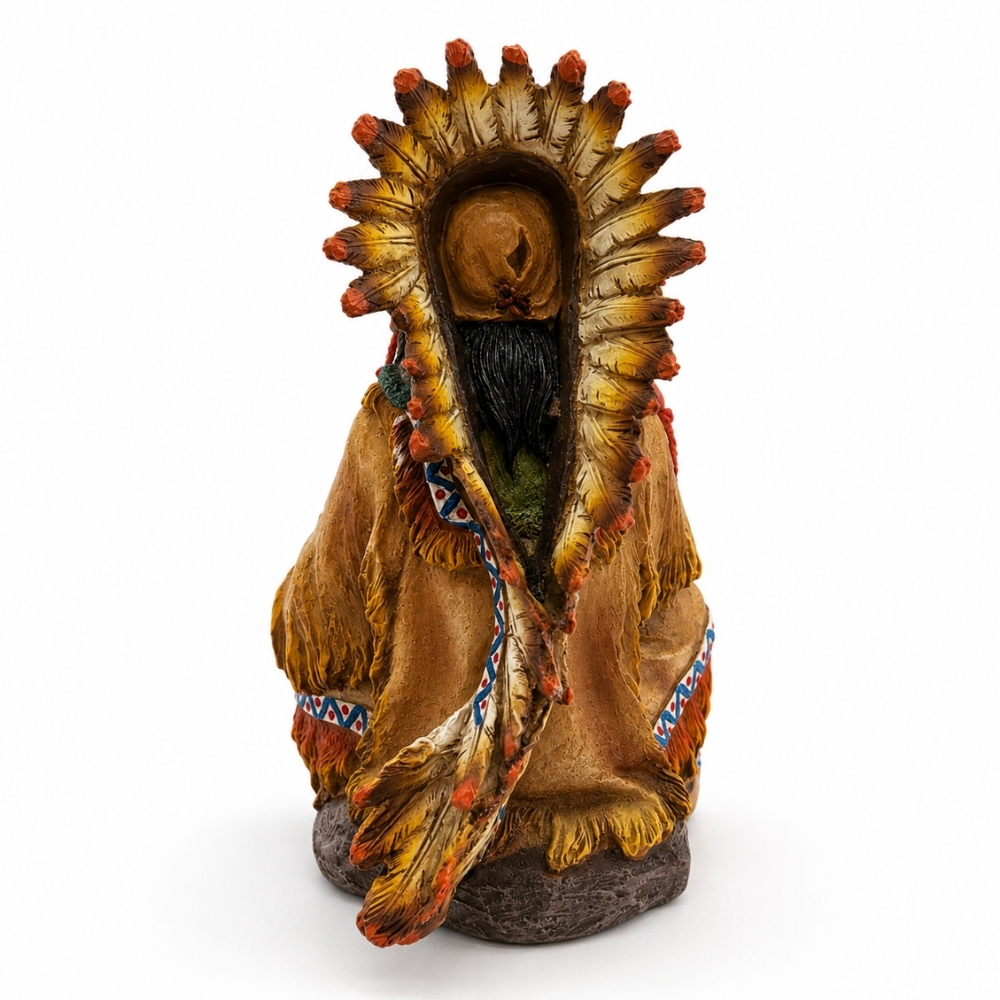 Estátua Índio Cacique com Cachimbo em Resina 19cm Decoração