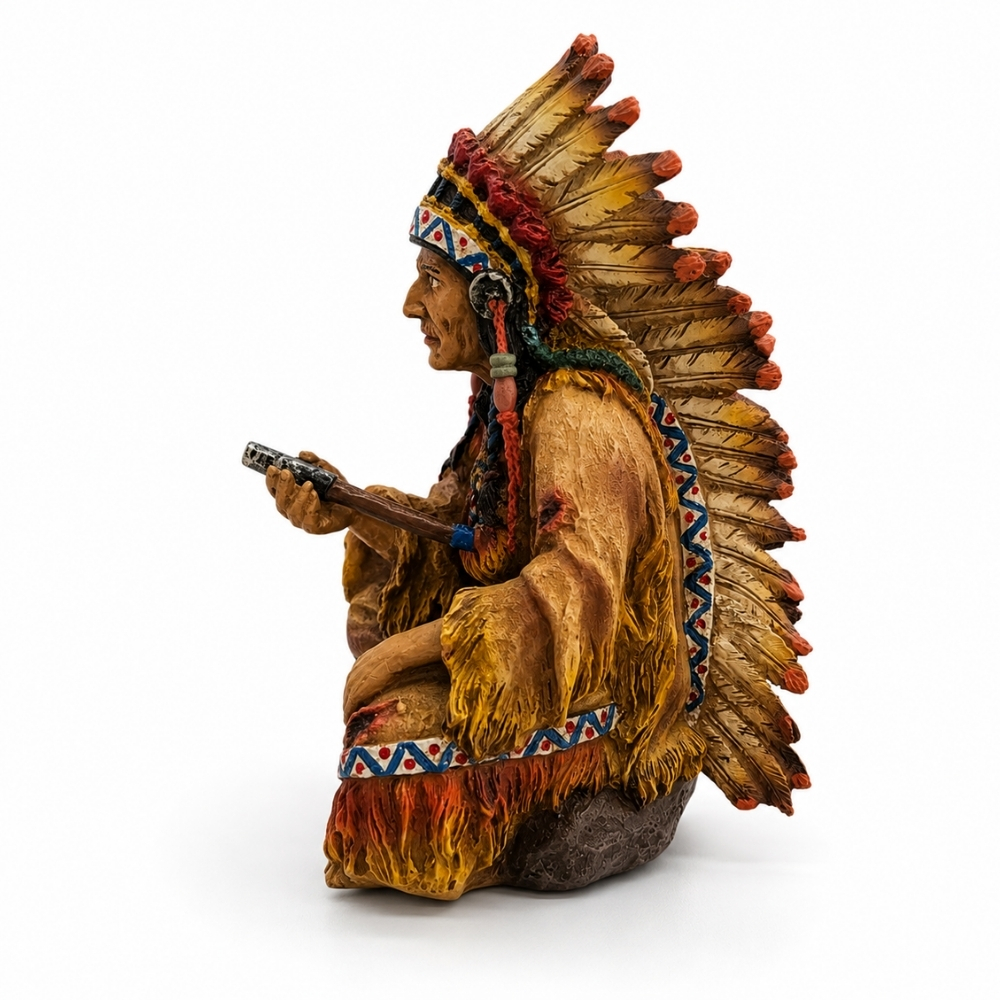 Estátua Índio Cacique com Cachimbo em Resina 19cm Decoração